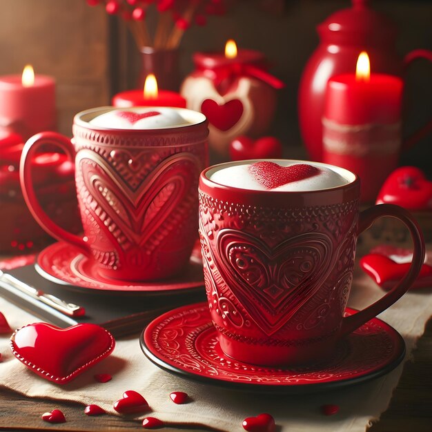 Love Brews Two Red Coffee Mugs on a Romantic Valentines Table