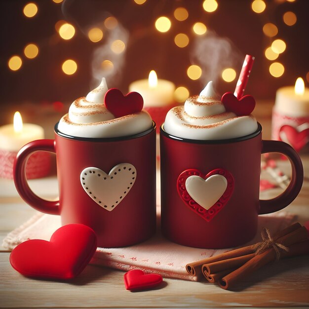 Photo love brews two red coffee mugs on a romantic valentines table