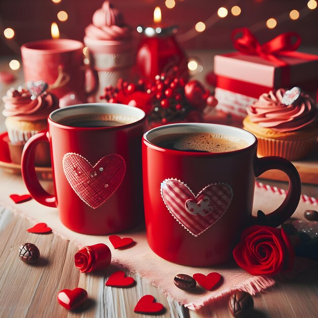 Love Brews Two Red Coffee Mugs on a Romantic Valentines Table