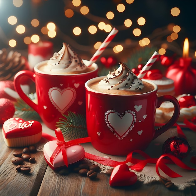 Photo love brews two red coffee mugs on a romantic valentines table