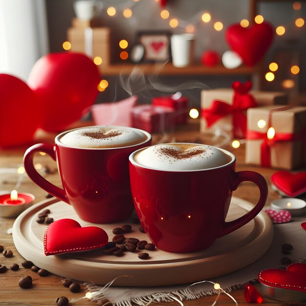 Love Brews Two Red Coffee Mugs on a Romantic Valentines Table