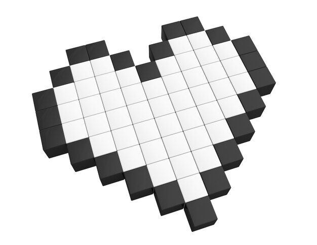 Concetto di amore. cuore di pixel 3d su sfondo bianco