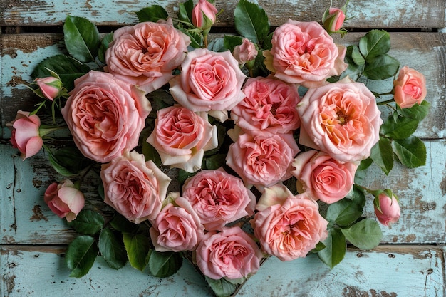 Концепция любви Куча розовых роз в форме сердца на деревянной доске Фон Генеративный ИИ