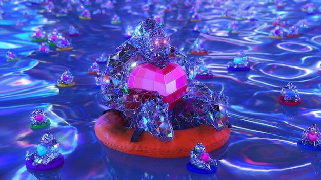 愛の概念ダイヤモンド ゴリラは救命ブイで泳ぎ、彼の手の 3 d イラストレーションで赤いハートを保持します。