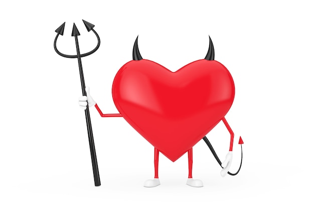 Love Concept. Evil Devil Heart Cartoon Mackot Character Person with Pitchfork, Horns and Tail on a white background. 3d Rendering