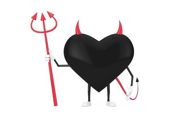 Photo love concept. evil devil heart cartoon mackot character person with pitchfork, horns and tail on a white background. 3d rendering