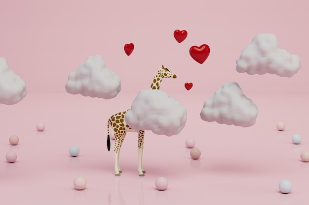 Love concept giraffe in the clouds with hearts on a pink background with colorful balloons 3d render