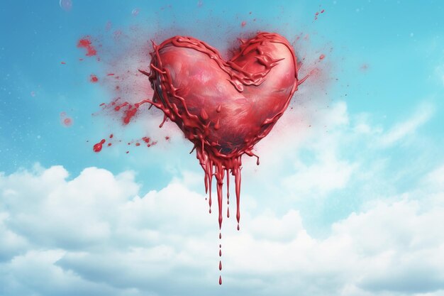 Photo love concept heart flying in the sky with red dripping paint