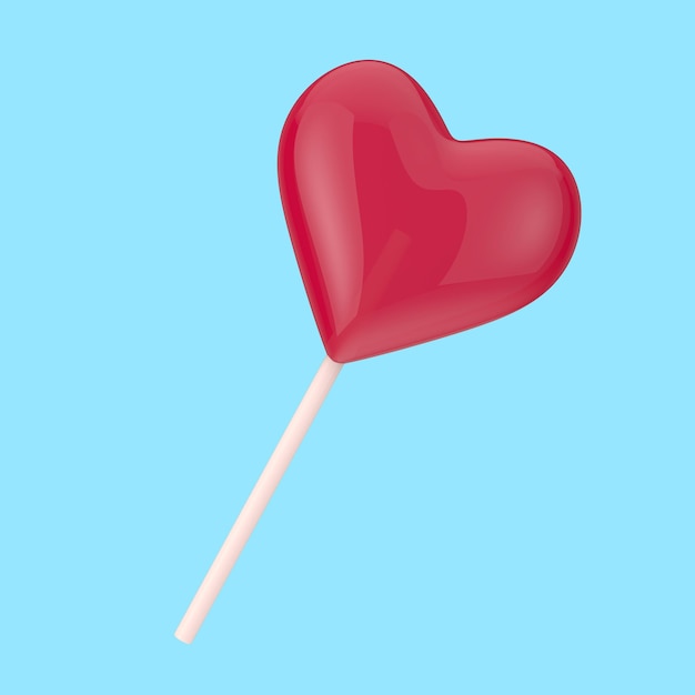 Love Concept. Red Heart Lollipop Candy on a blue background. 3d Rendering