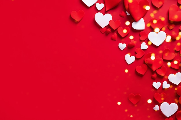 Love concept red and white hearts on red background valentines day concept copy space