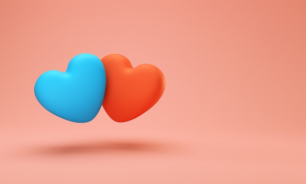 Amo il concetto creativo. due romantici cuori blu e rossi isolati su uno sfondo rosa. carta di san valentino o modello di banner web, rendering 3d con copia spazio per il testo