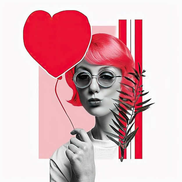 love creative design background in collage style with red heart and portrait woman