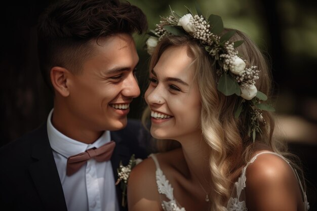 Love date and couple with a smile on their wedding day together created with generative ai