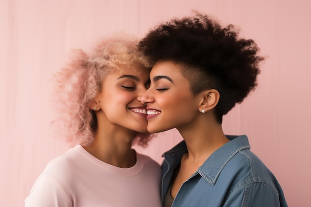 Love diversity and kiss lesbian couple on studio back Generative AI