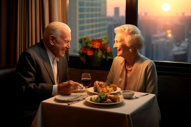 Photo love elderly couple clinking glasses at romantic dinner in evening home generative ai content