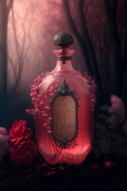 Love elixir in a beautiful red bottle closeup