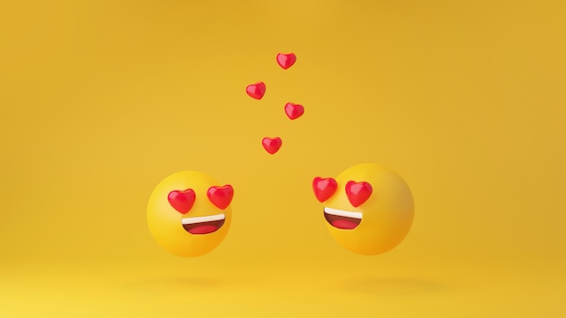 Foto in amore emoticon testa gialla su sfondo giallo studio 3d rendering