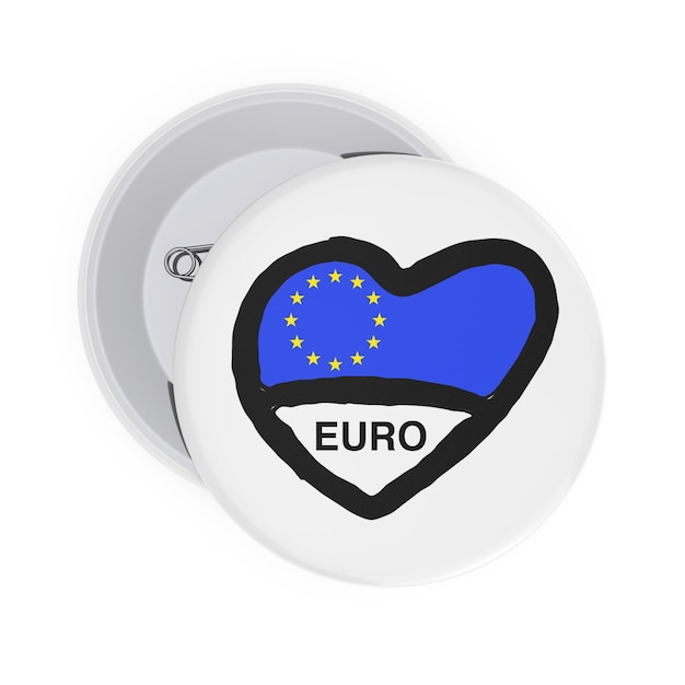 Love European Union Concept. White Pin Badges with Heart, European Uniona Flag and Sign on a white background. 3d Rendering