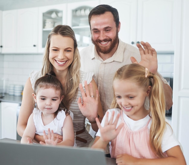 Photo love family and video call on laptop with contact for online communication with wave woman man and girl kids on internet chat with smile happy and virtual conversation in the kitchen in home