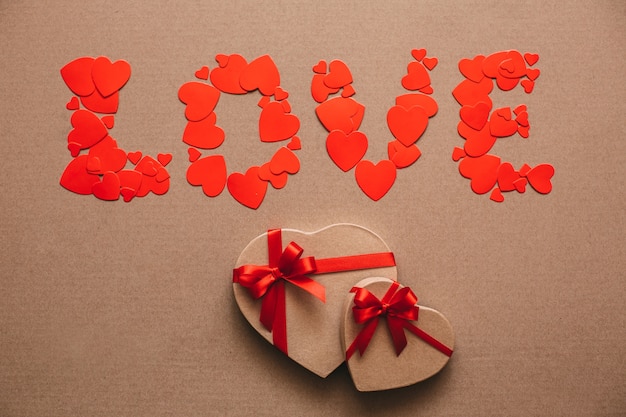 Love from hearts and gift boxes in the shape of hearts 