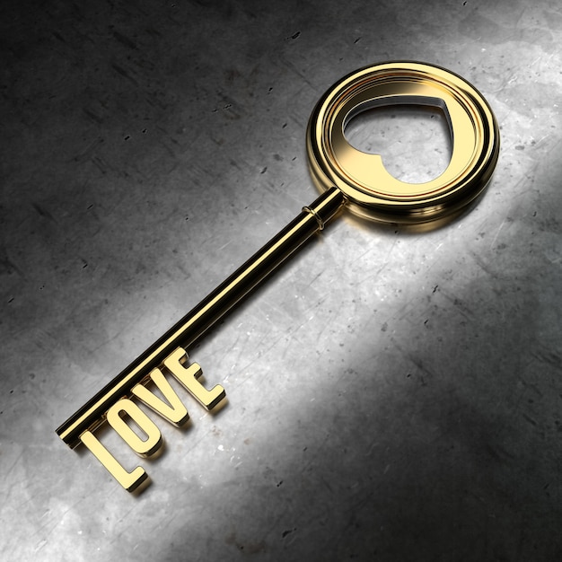 Love - Golden Key on Black Metallic Background. 3D Rendering