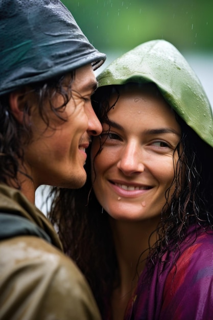 Love happy and portrait of a woman with a tourist on vacation in the rain or water outdoors