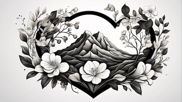 Love Heart Bloemenarrangement Zwart en wit bloemenboeket Illustratie Donkere kaartontwerp