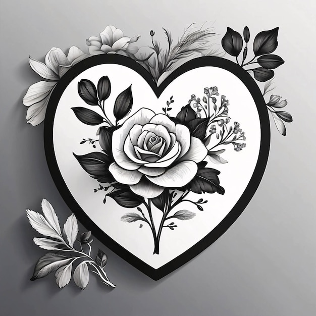 Foto love heart bloemenarrangement zwart en wit bloemenboeket illustratie donkere kaartontwerp
