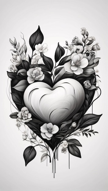 Любовная сердечная цветочная аранжировка Черно-белый цветочный букет Иллюстрация Тёмный дизайн карт
