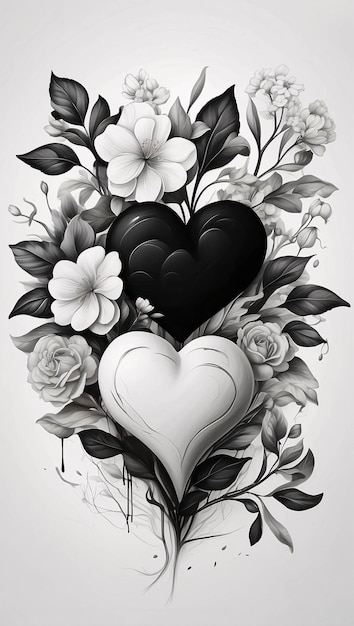 Love Heart Floral Arrangement Black and White Flower Bouquet Illustration Dark Card Design