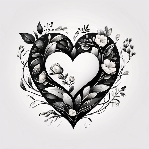 Love Heart Floral Arrangement Black and White Flower Bouquet Illustration Dark Card Design