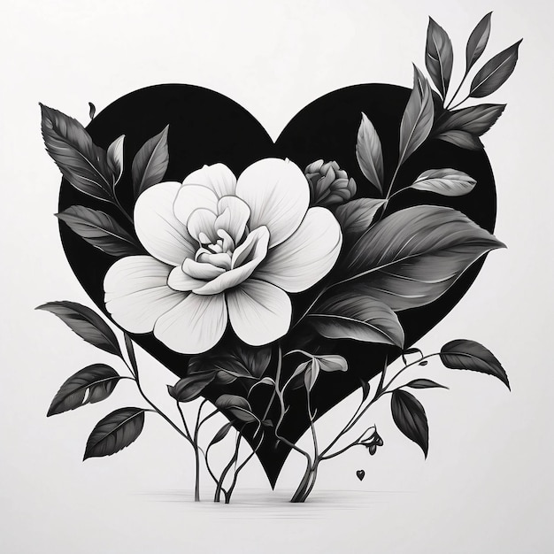 Love Heart Floral Arrangement Black and White Flower Bouquet Illustration Dark Card Design