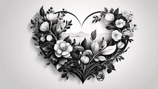 Love Heart Floral Arrangement Black and White Flower Bouquet Illustration Dark Card Design