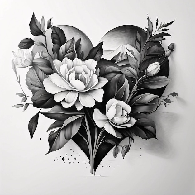 Love Heart Floral Arrangement Black and White Flower Bouquet Illustration Dark Card Design