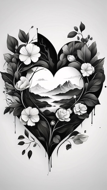 Love Heart Floral Arrangement Black and White Flower Bouquet Illustration Dark Card Design