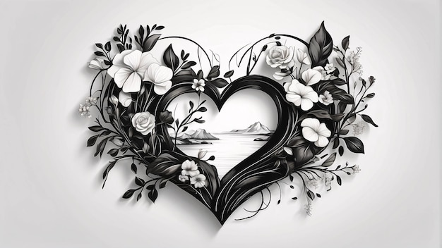 Love Heart Floral Arrangement Black and White Flower Bouquet Illustration Dark Card Design