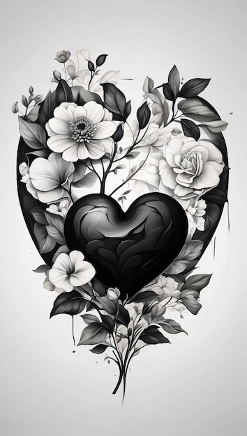 Love Heart Floral Arrangement Black and White Flower Bouquet Illustration Dark Card Design