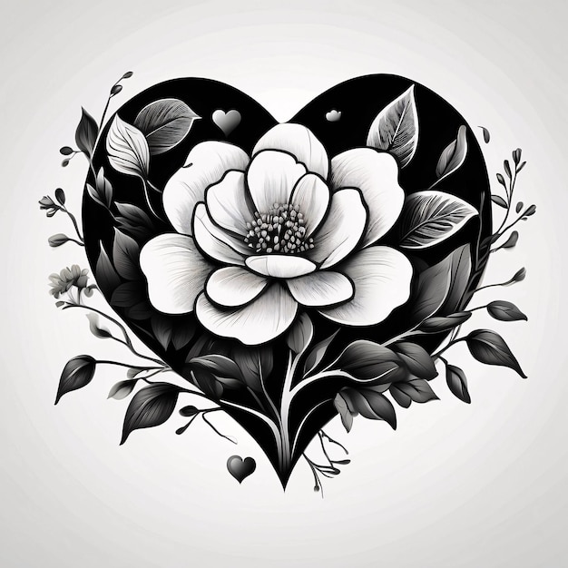 Love Heart Floral Arrangement Black and White Flower Bouquet Illustration Dark Card Design