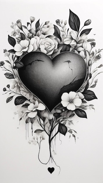 Love Heart Floral Arrangement Black and White Flower Bouquet Illustration Dark Card Design