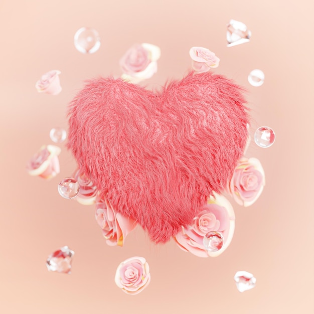 Love Heart Fulffy Fur Between Pink Rose Petals and Diamond Wedding Valentine Concept 3D Render