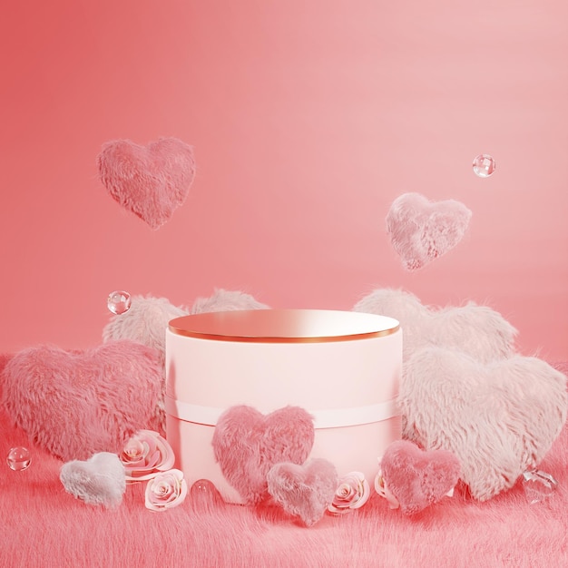 Foto love heart fulffy fur single podium product display wedding valentine 3d render