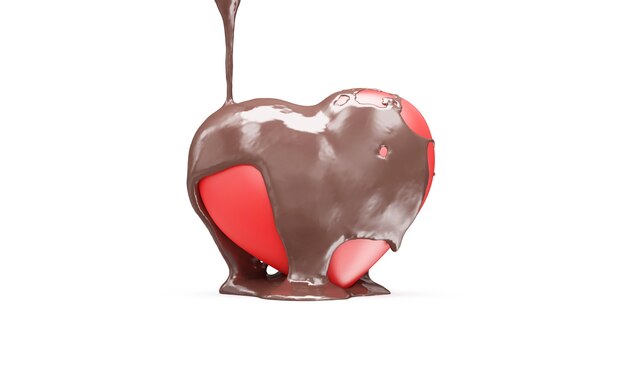 Amore cuore versato con cioccolato al latte su sfondo bianco