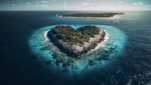 Love heart shape island in middle of blue sea AI generated