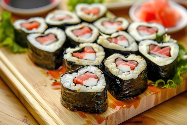Photo love heart shaped shushi roll for the passion and love of japanese sushi maki foor or fine dining