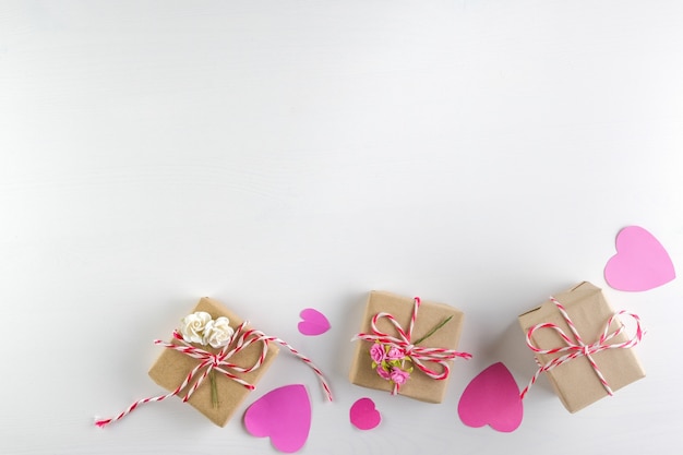 love hearts and Gift box isolated on white wooden texture background, Happy valentine's day