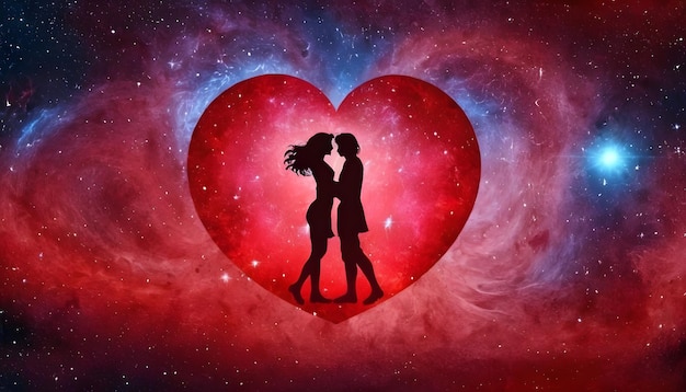 Love horoscope beautiful couple universe background red heart