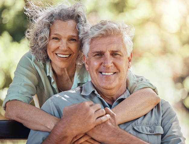 Love hug and senior couple bond in house garden nature park or home backyard in trust security or future support Happy smile portrait retirement elderly man or Australian woman in life insurance