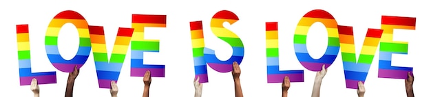 Love is love LGBT banner human hands holding colorful letters