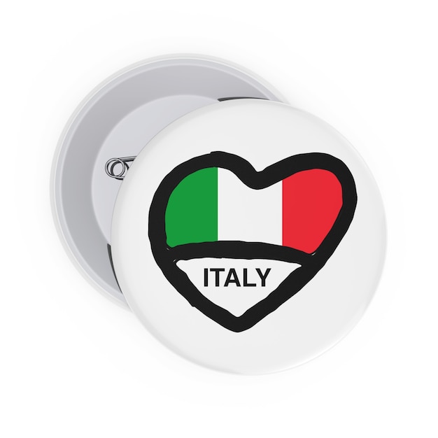 Love Italy Concept. White Pin Badges with Heart, Italy Flag and Sign on a white background. 3d Rendering