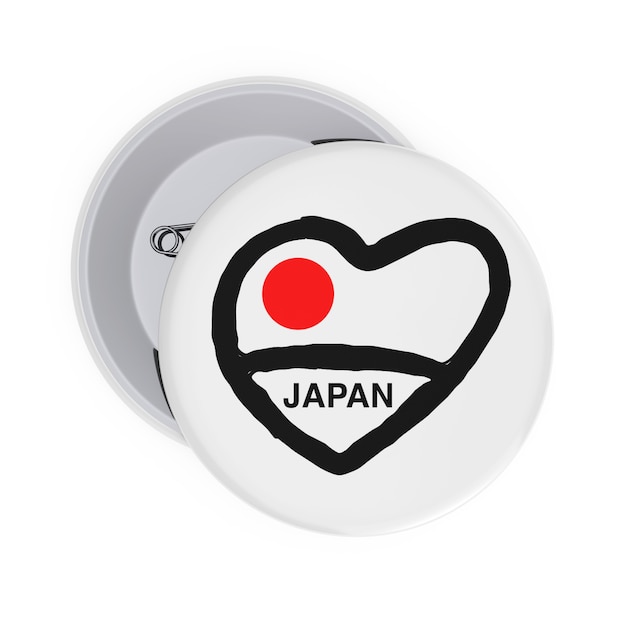写真 ラブジャパンコンセプト。ハートの白いピンバッジ、白い背景に日本の国旗とサイン。 3dレンダリング